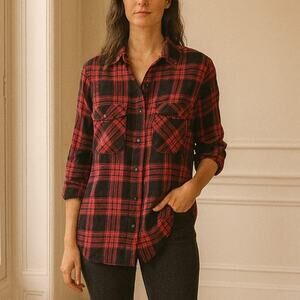 Sanctuary Plaid Snap Front Long Sleeve Shirt Red Black S